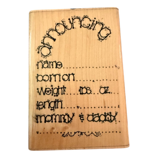Wooden baby announcement stamp with engraved text