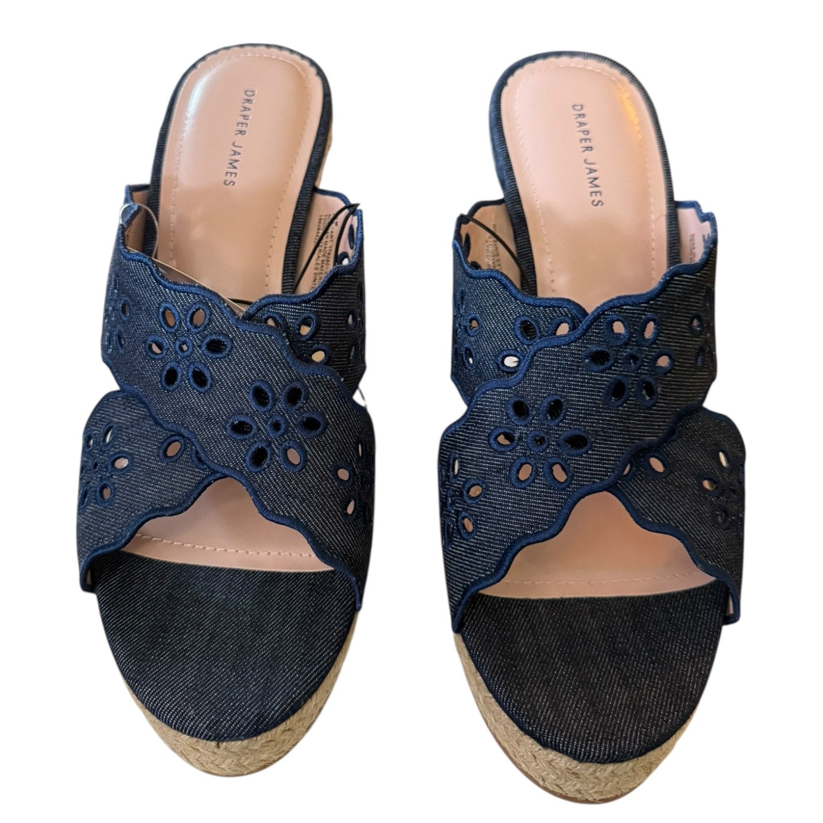 Top of Pair of navy blue perforated heels on a white background