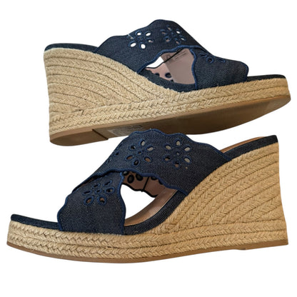 Side view of Navy wedge sandals on a white background