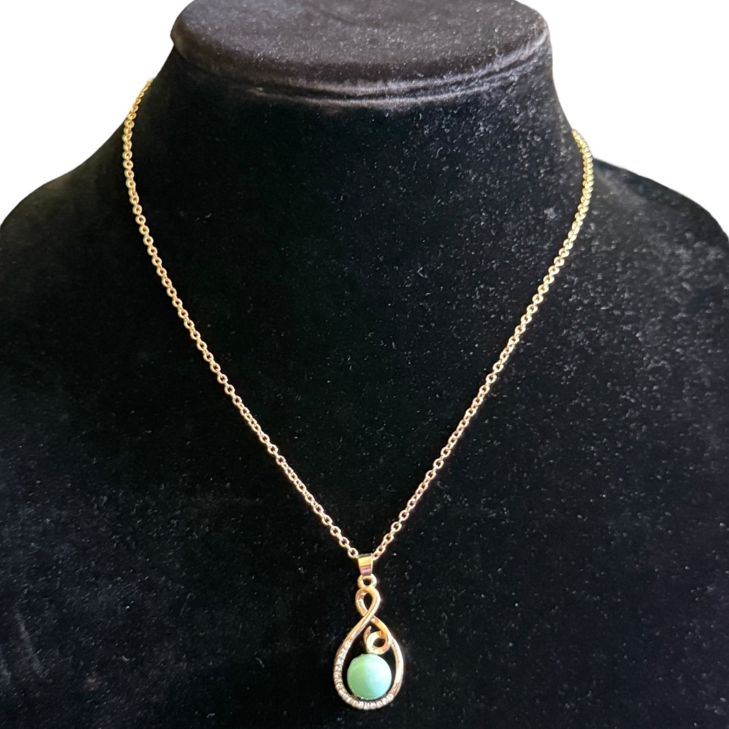 Green Faux Tahitian Pearl Diamond Gold Necklace 20"
