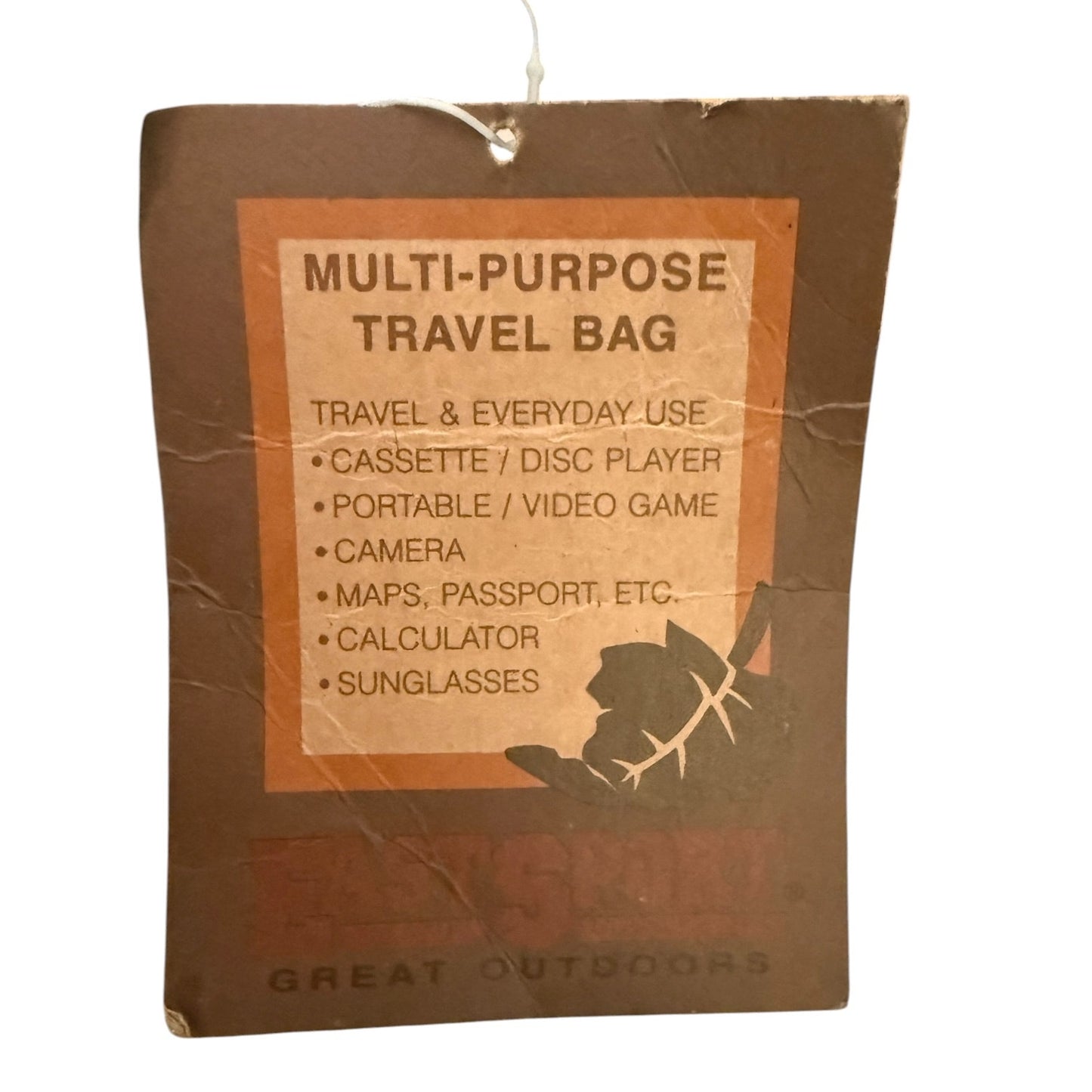Brown multi-purpose travel bag tag with text on a white background
