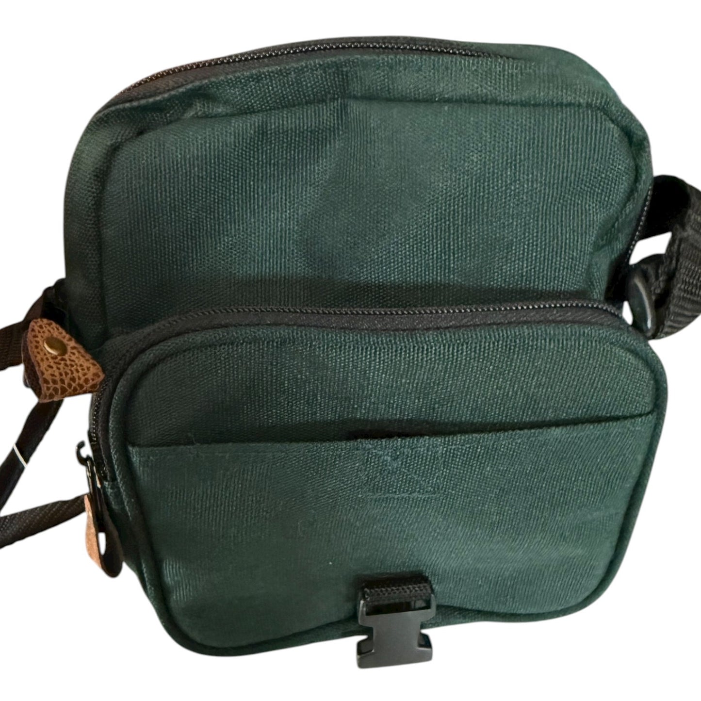 Interior of Green shoulder bag with a strap on a white background