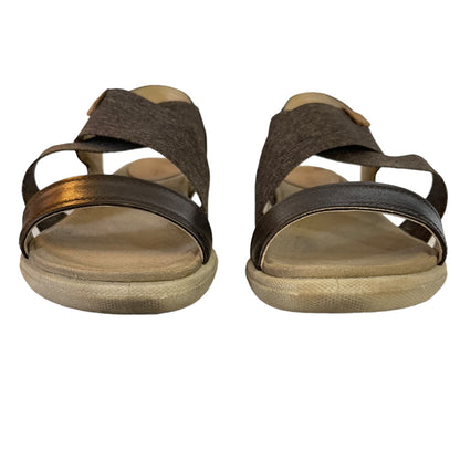 Front of sandals with black straps on a white background