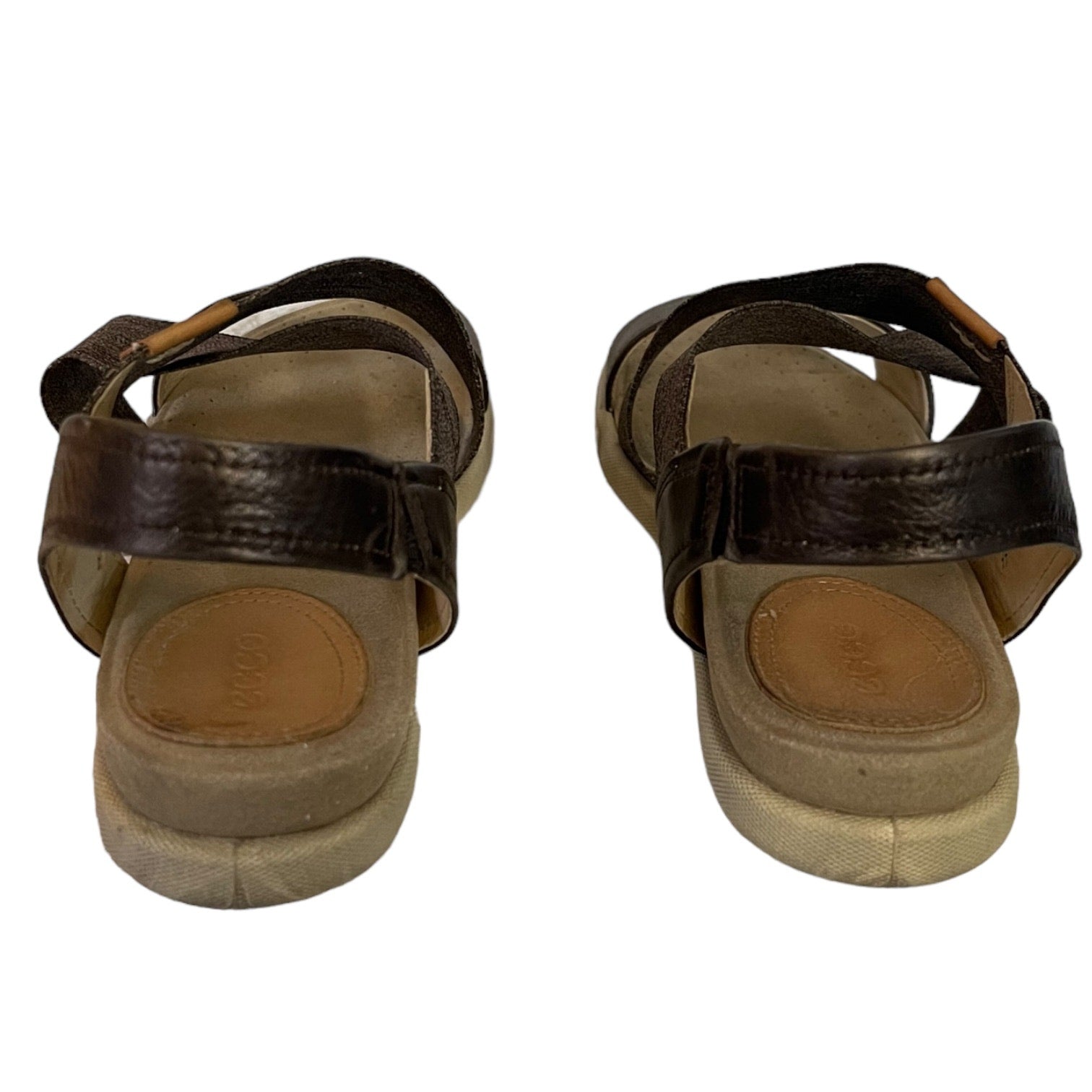 Back of sandals with leather straps on a white background