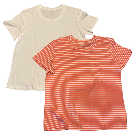Two t-shirts, one white and one orange with white stripes, on a white background.