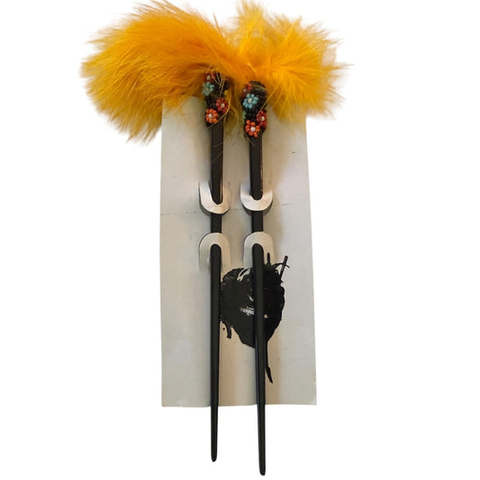 Light Orange Feather Beaded Black Chopstick Hair Sticks Set