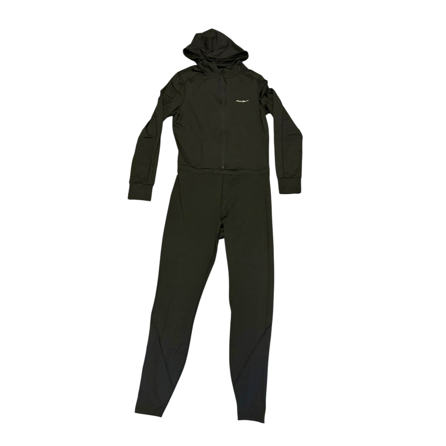 A black hooded zip-up one-piece jumpsuit with long sleeves and full-length legs, shown flat against a plain white background.