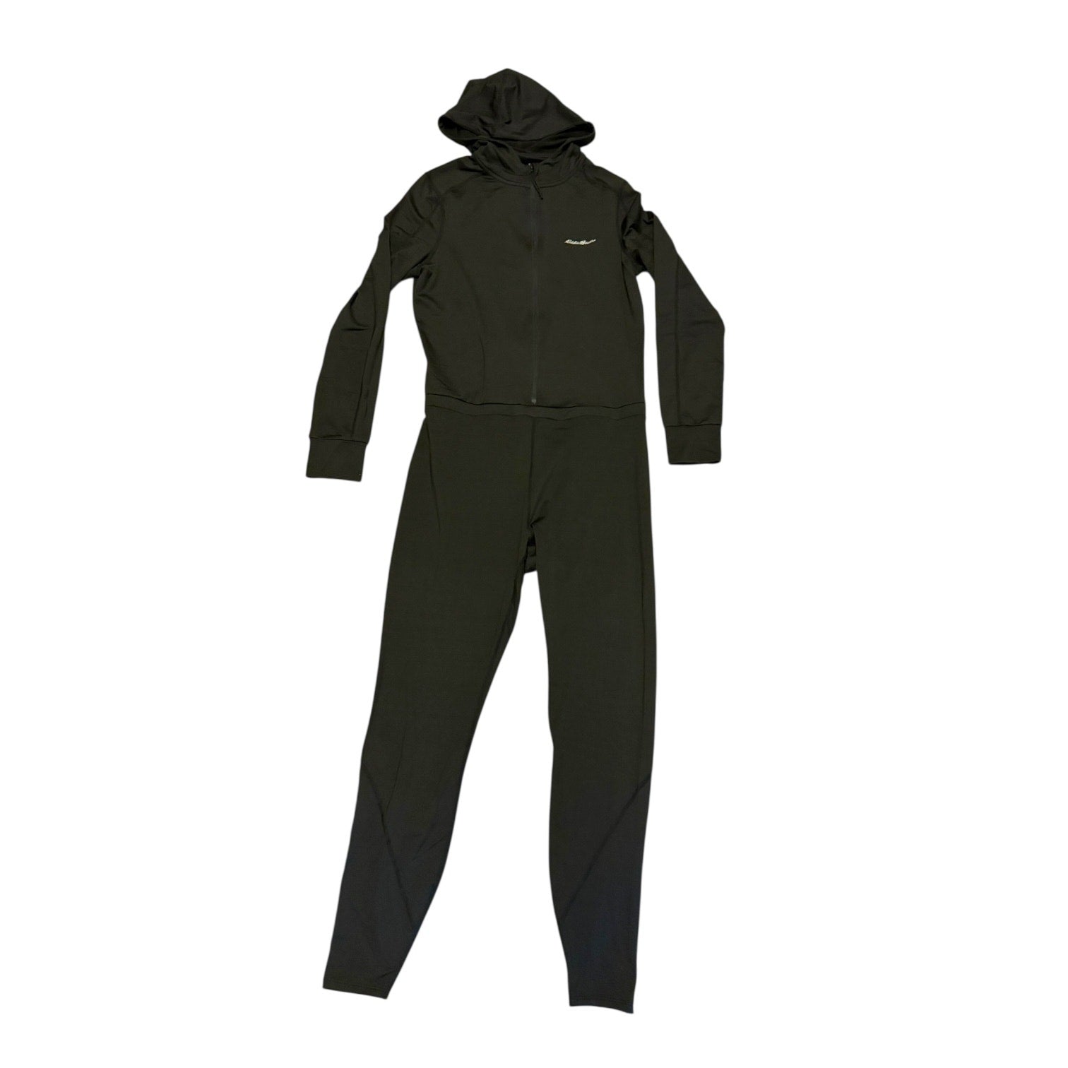 A black hooded zip-up one-piece jumpsuit with long sleeves and full-length legs, shown flat against a plain white background.