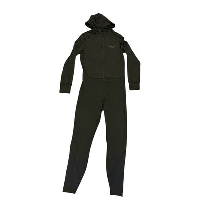 A black hooded zip-up one-piece jumpsuit with long sleeves and full-length legs, shown flat against a plain white background.