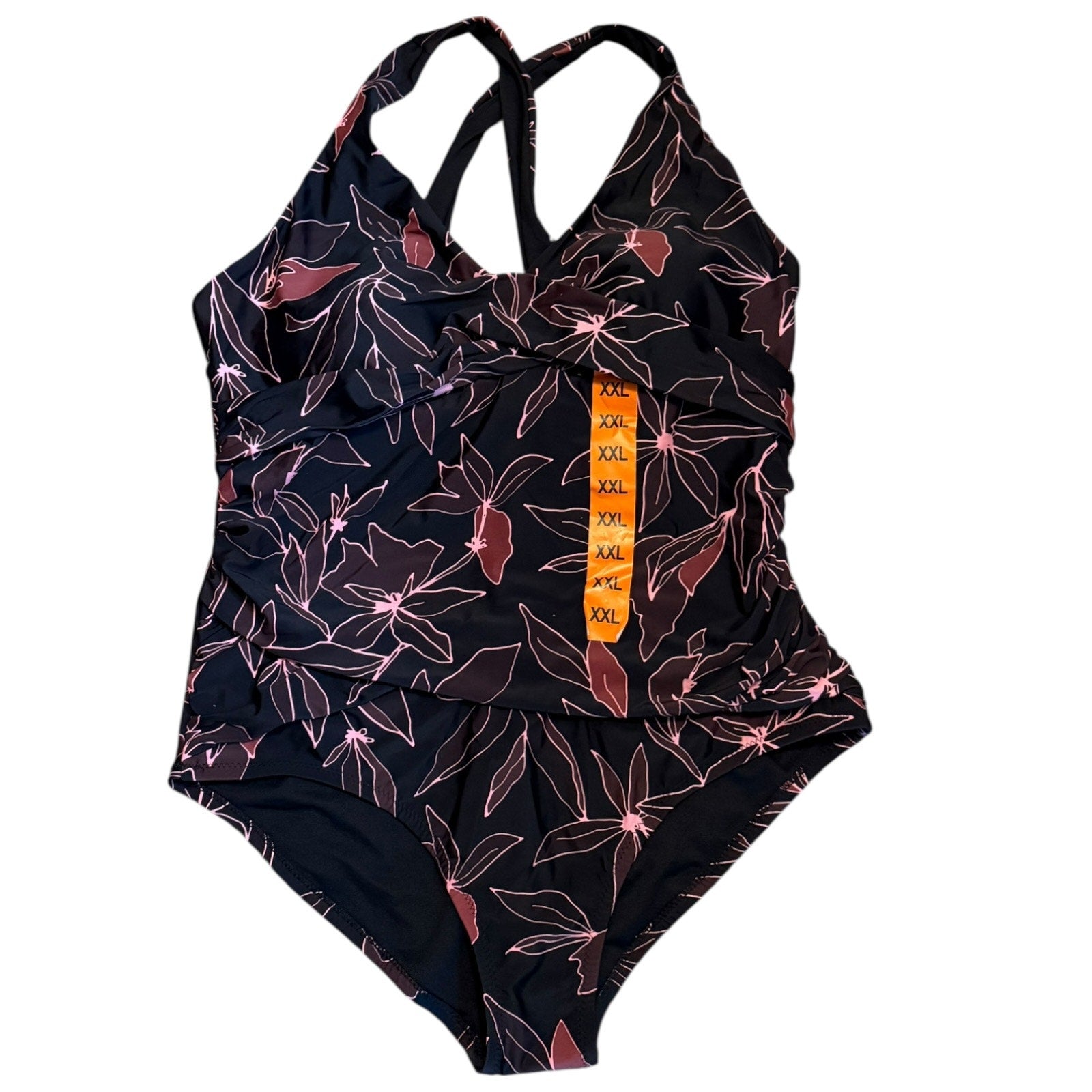 Black floral one-piece swimsuit on a white background
