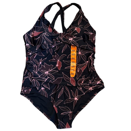 Black floral one-piece swimsuit on a white background
