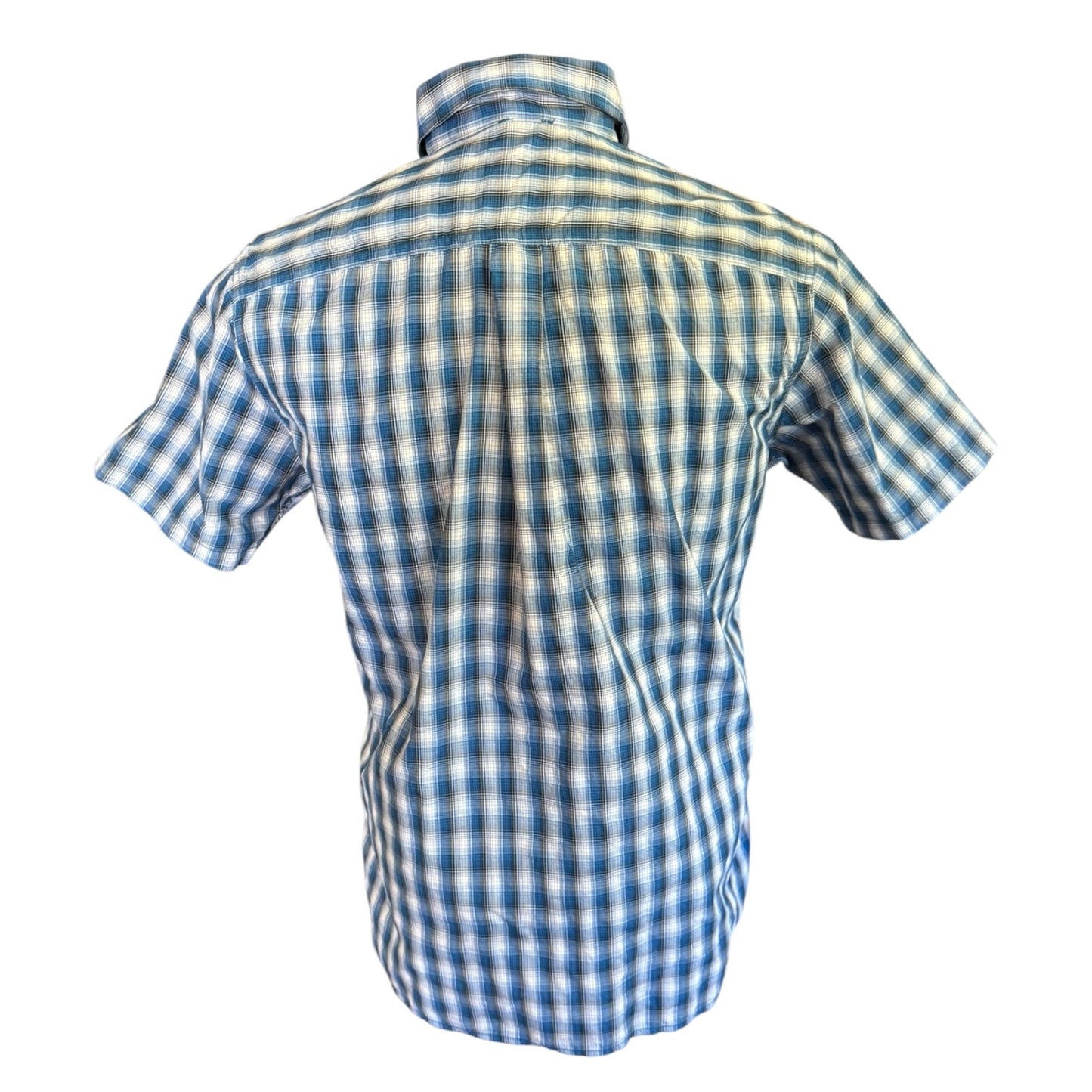 A short-sleeve button-up shirt with a blue and white plaid pattern, shown from the back on a white background.