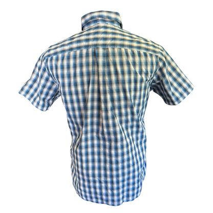 A short-sleeve button-up shirt with a blue and white plaid pattern, shown from the back on a white background.