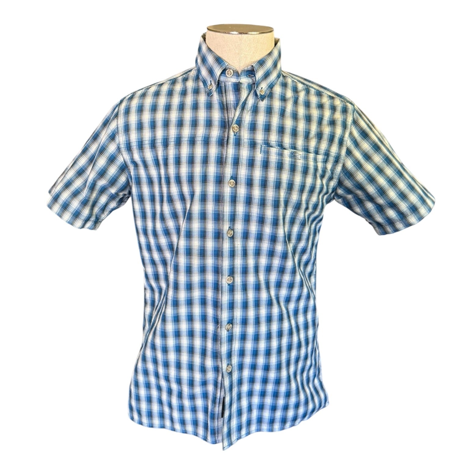 A short-sleeve button-down shirt with a blue and white checkered pattern, displayed on a mannequin torso against a plain white background.