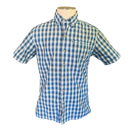 A short-sleeve button-down shirt with a blue and white checkered pattern, displayed on a mannequin torso against a plain white background.