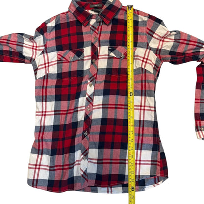 Red, white, and blue plaid shirt with a measuring tape on a white background