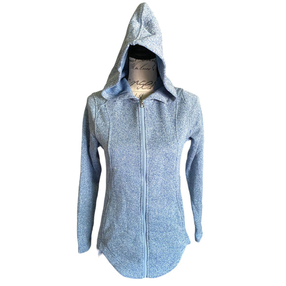Front of blue jacket with hood up
