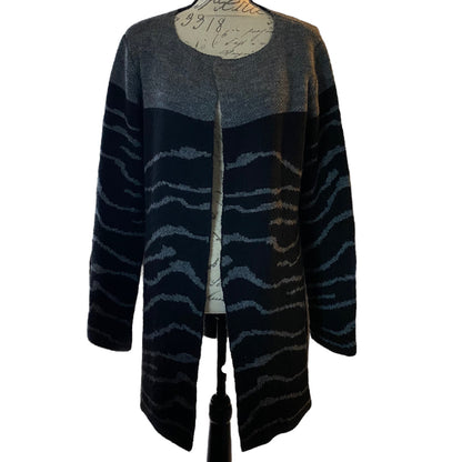Black and gray patterned cardigan on a white background