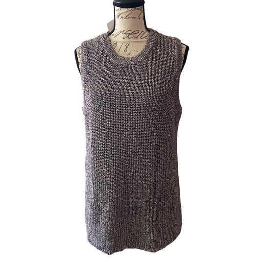Multicolor sleeveless sweater on a mannequin against a white background