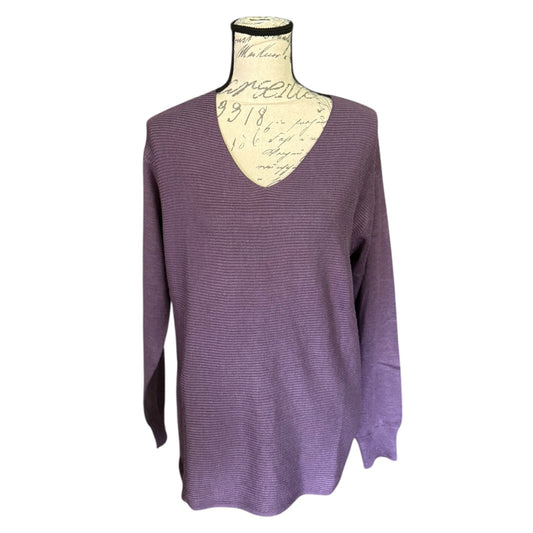 Front of Purple sweater on a mannequin with a white background