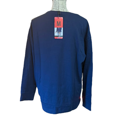Back of Blue shirt on a mannequin with a size tag, on a white background