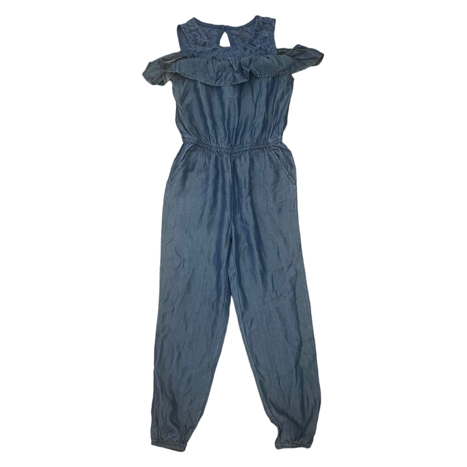 Blue denim jumpsuit with ruffled shoulders on a white background