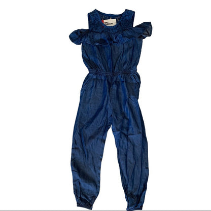 Front of Blue jumpsuit with ruffled sleeves on a white background