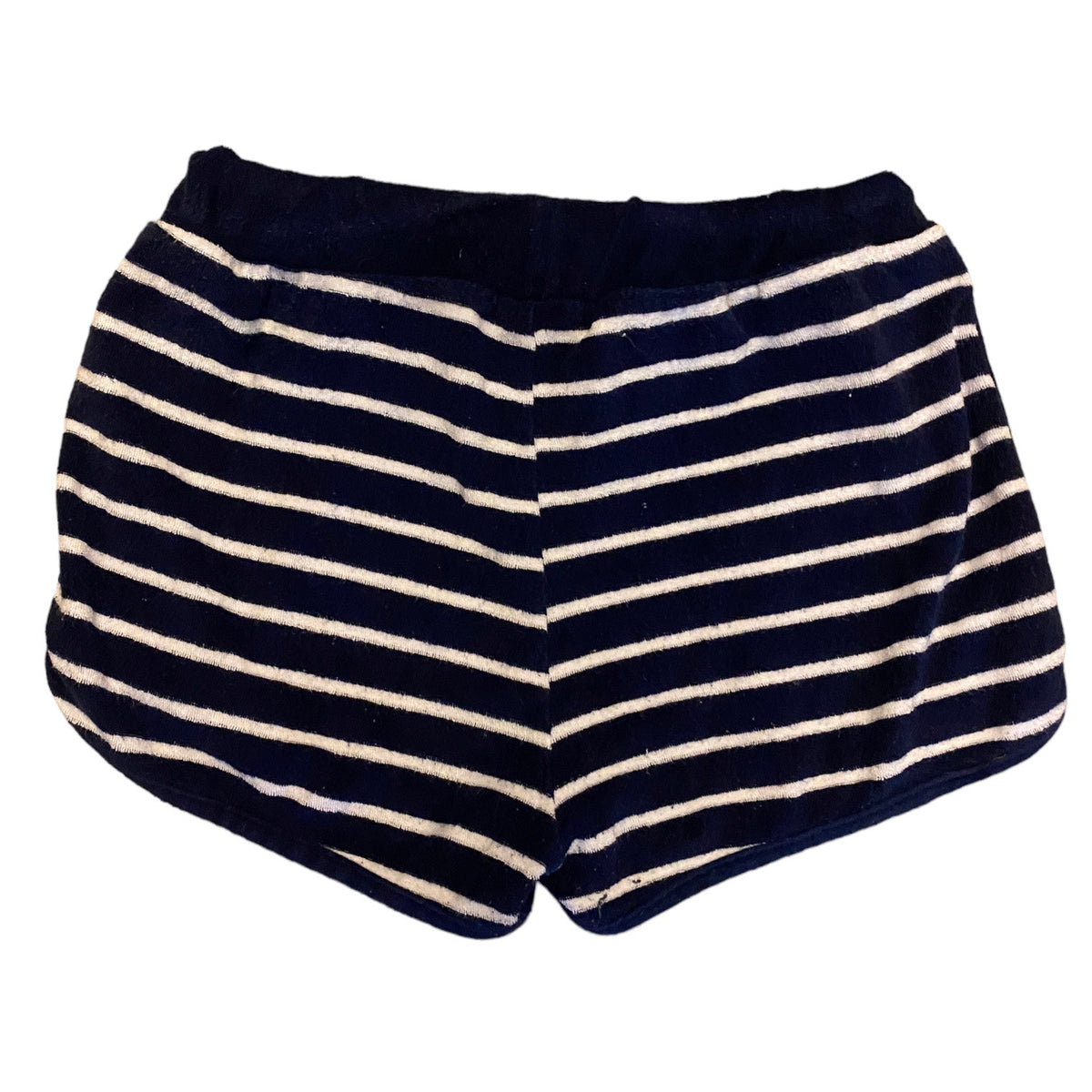 Navy blue and cream striped shorts  shown flat against a white background.