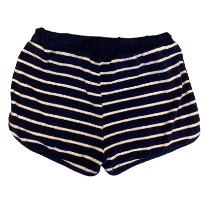 Navy blue and cream striped shorts  shown flat against a white background.