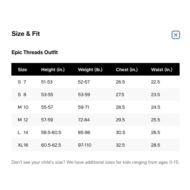 A size and fit chart for the Epic Threads outfit, showing a table with sizes S 7 through XL16, height in inches, weight in pounds, chest in inches, and waist in inches.