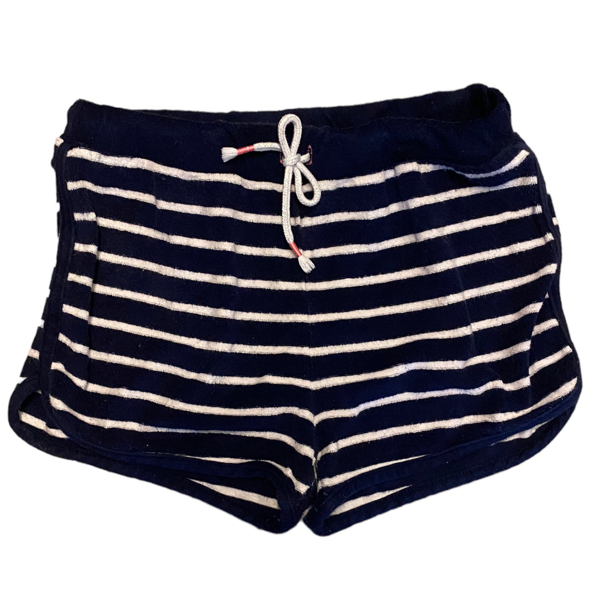 Navy blue and white striped lounge shorts with a white drawstring, shown against a plain white background.