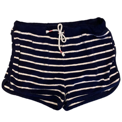 Navy blue and white striped lounge shorts with a white drawstring, shown against a plain white background.