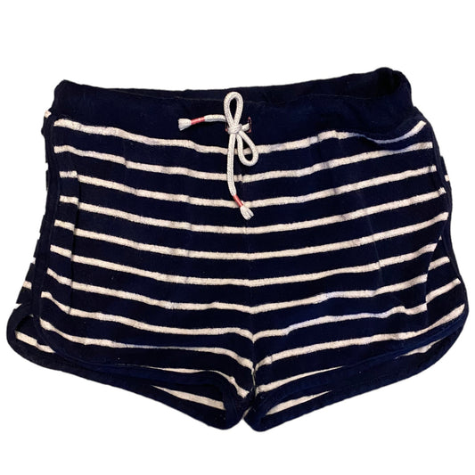 Navy blue and white striped lounge shorts with a white drawstring, shown against a plain white background.