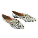 Pair of snake print loafers on a white background