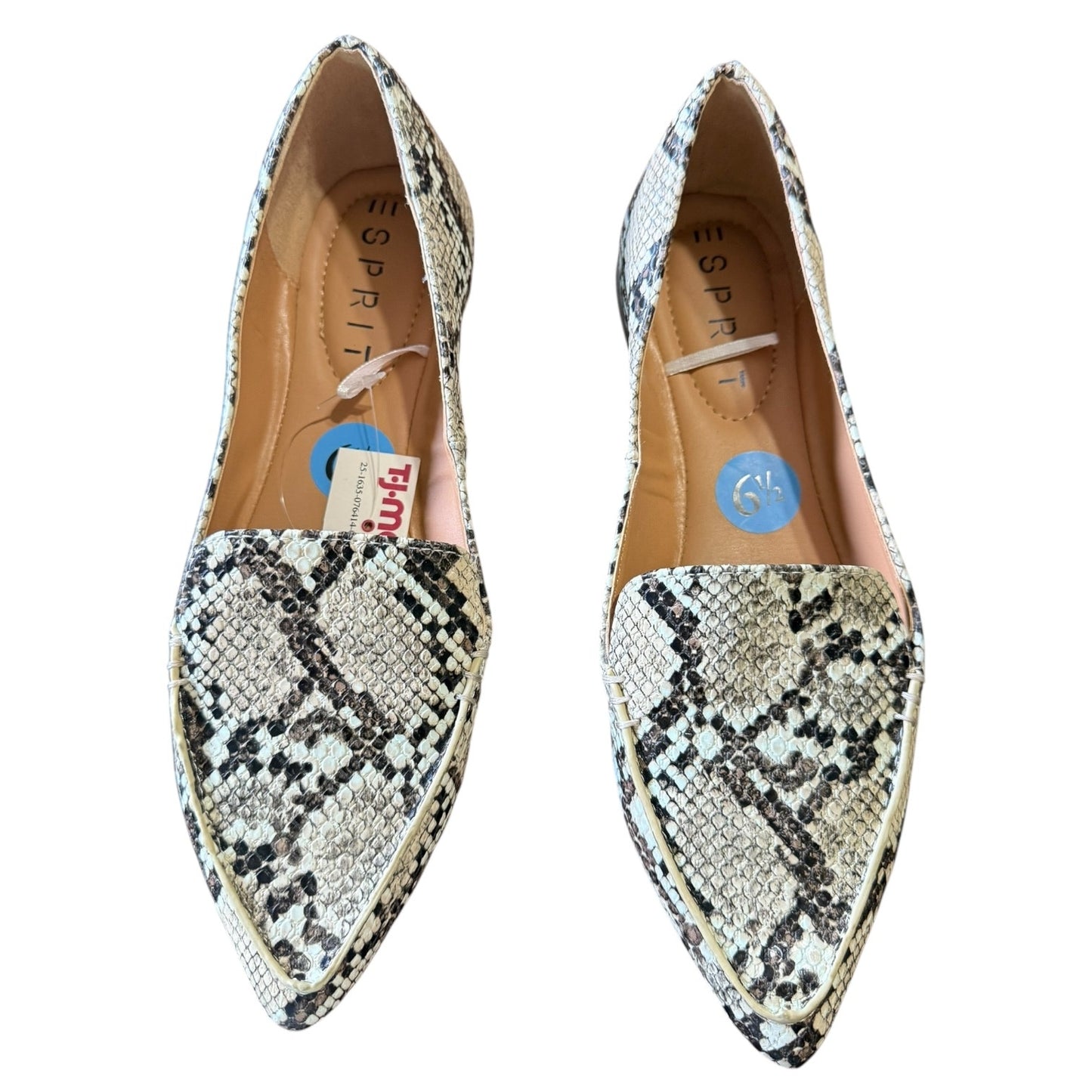 Pair of snake print flats with 'Esprit' branding on a white background