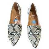 Pair of snake print flats with 'Esprit' branding on a white background