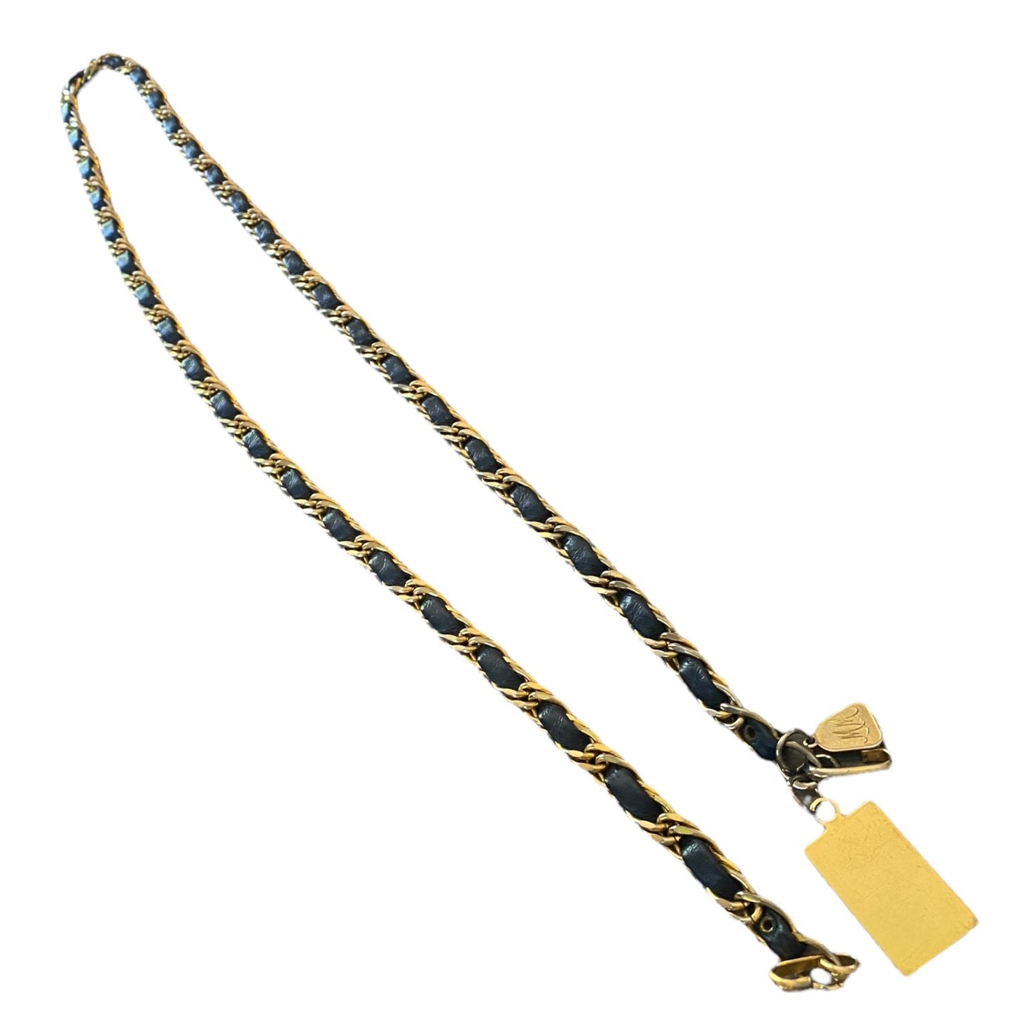 Morris Moskowitz Vintage Gold Chain Navy Blue Leather Hook Belt 39.5"