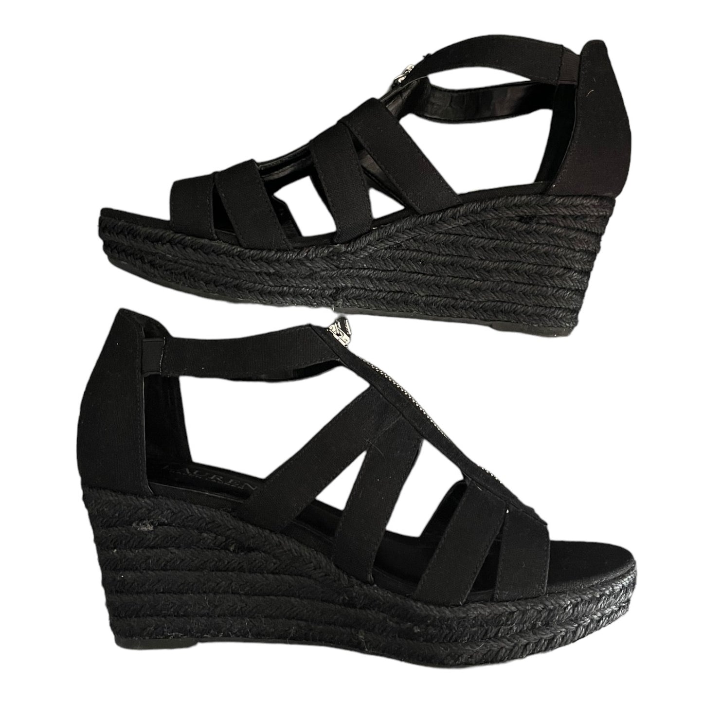 Ralph Lauren Black Espadrille Kelcie Cotton Linen Wedge Size 9