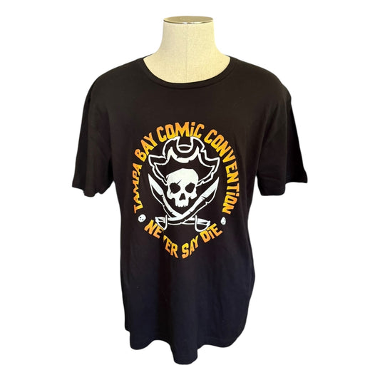 Black t-shirt with a skull and swords design on a mannequin against a white background