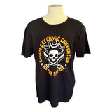 Black t-shirt with a skull and swords design on a mannequin against a white background