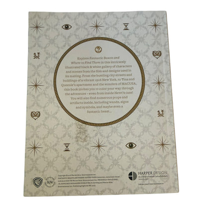 The back cover of the Harper Design coloring book,  a central brown circular text block, and various occult-style symbols.