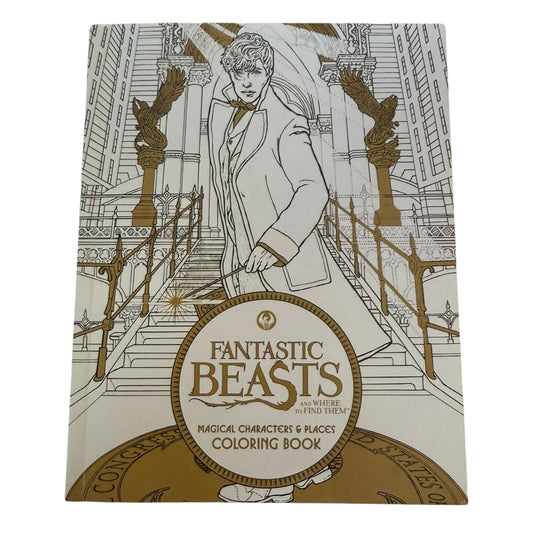 Fantastic Beasts Coloring Book featuring an illustrated cover with a line-art depiction of a wizard on a staircase, in cream and metallic gold tones.