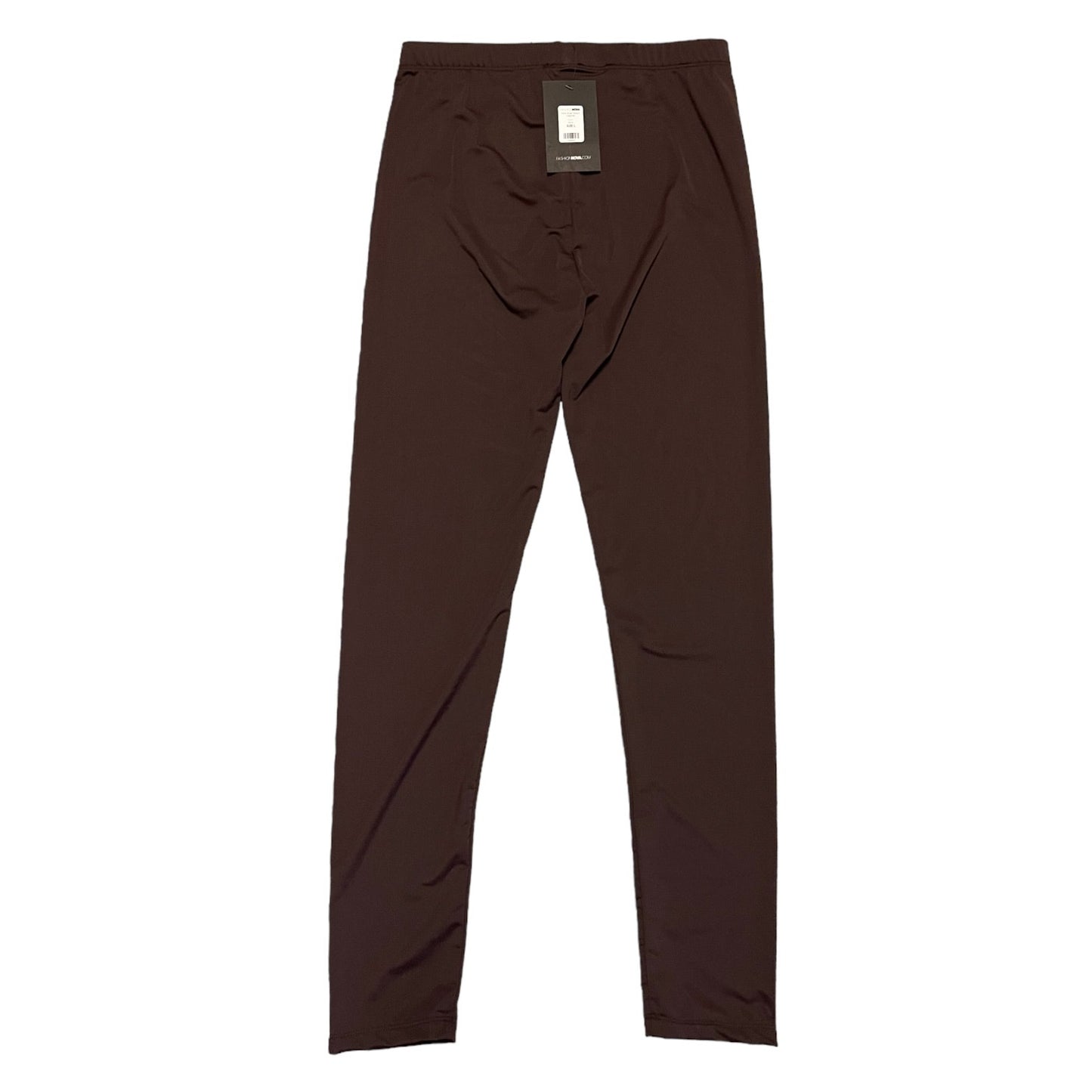 Back of Brown pants with a tag on a white background
