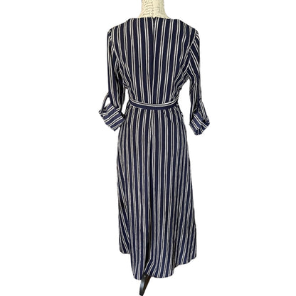 A navy blue and white vertically striped midi dress with three-quarter sleeves and a matching waist tie, displayed on a mannequin against a white background.