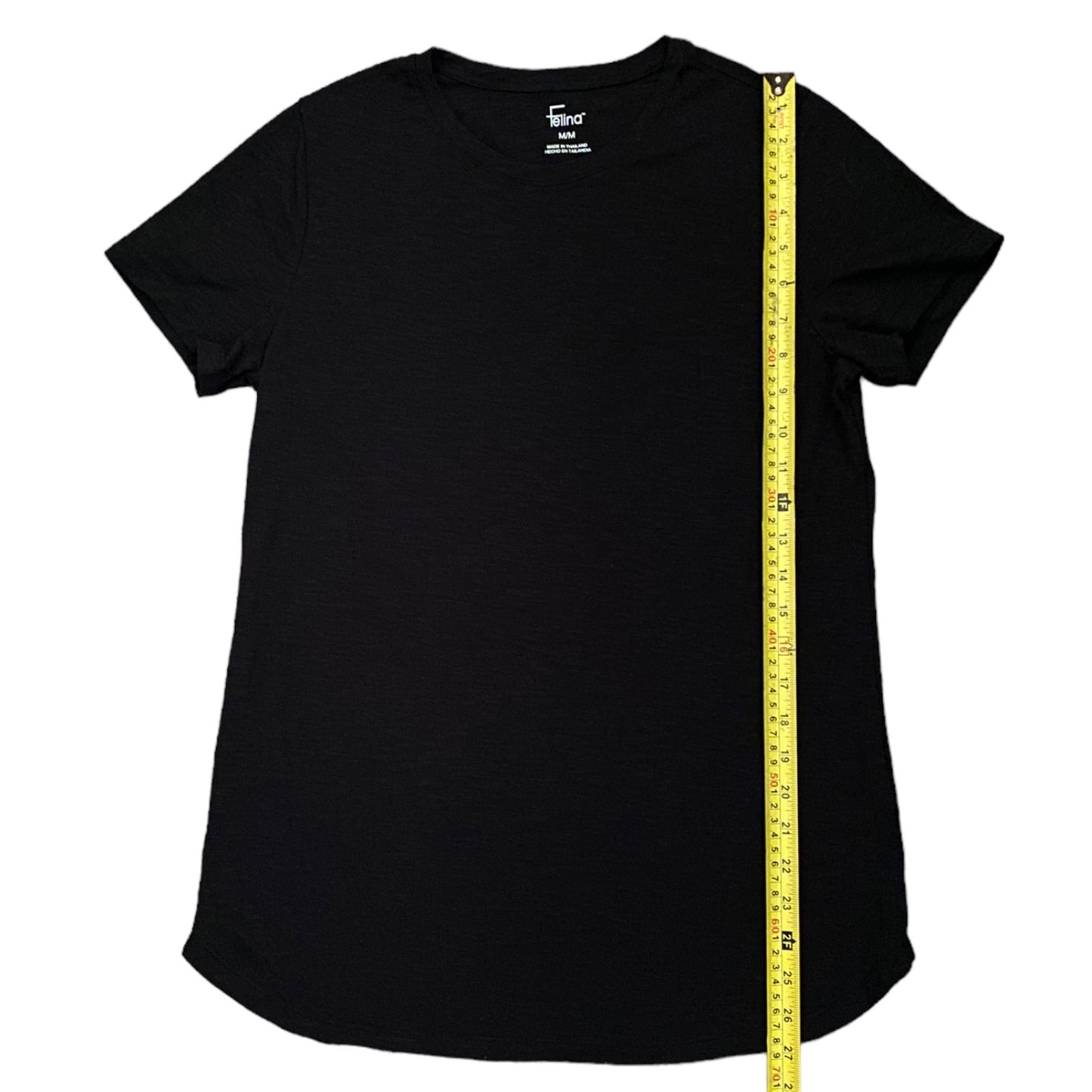 Black t-shirt with a measuring tape on a white background