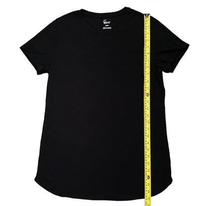 Black t-shirt with a measuring tape on a white background