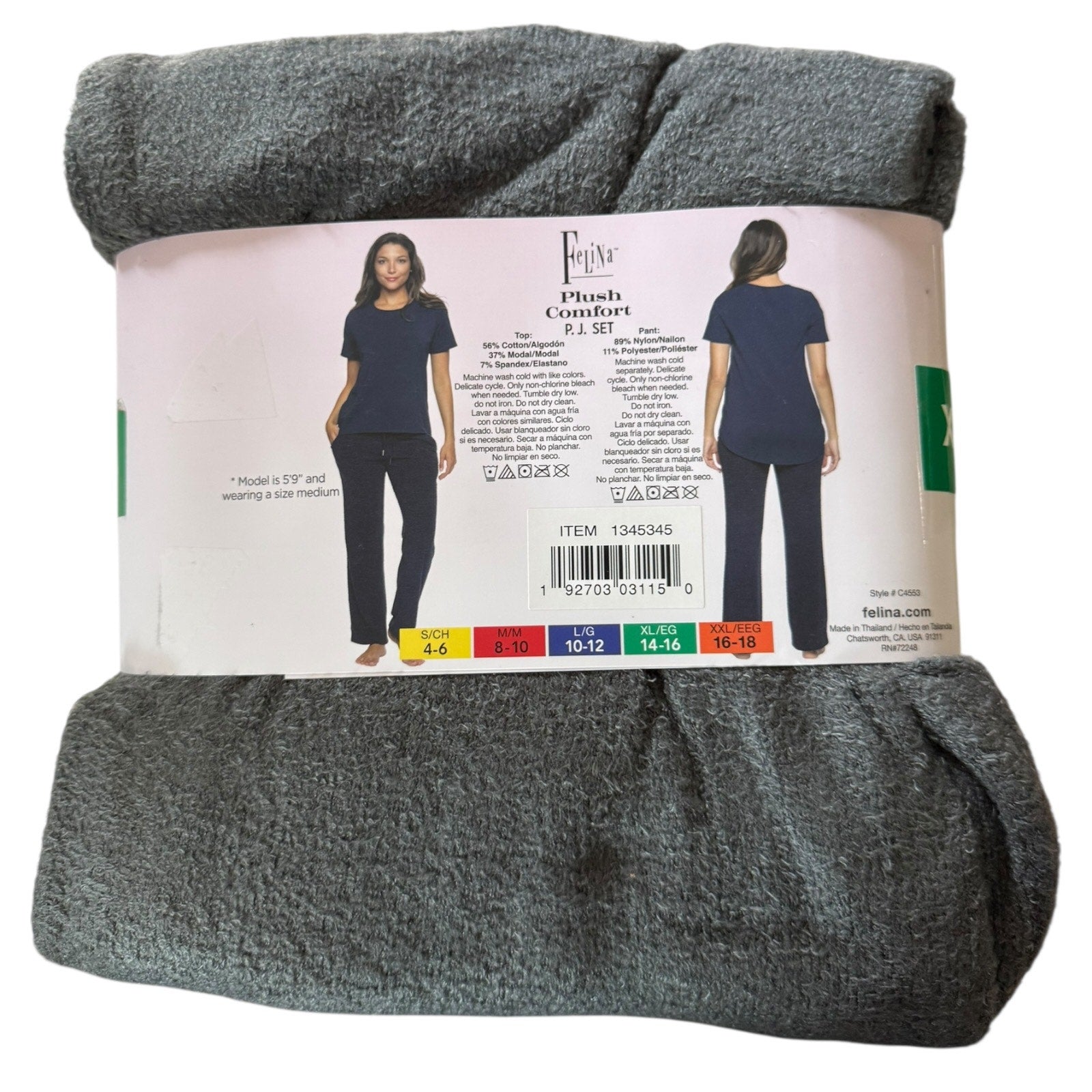 Gray pajama set with packaging displaying a size chart on a white background