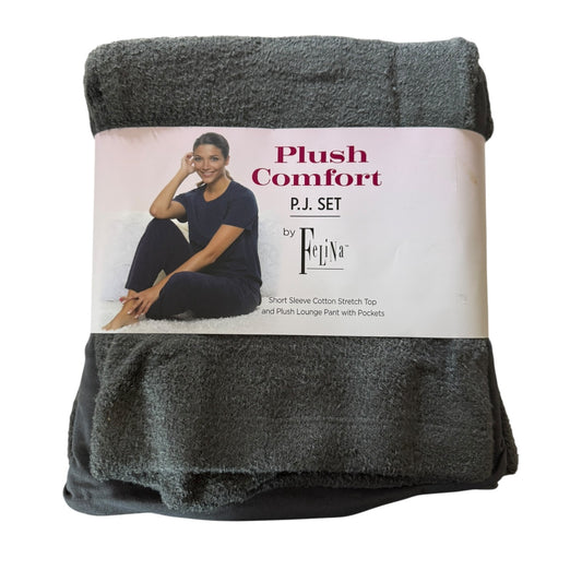Packaged gray lounge pajama set with a label on a white background