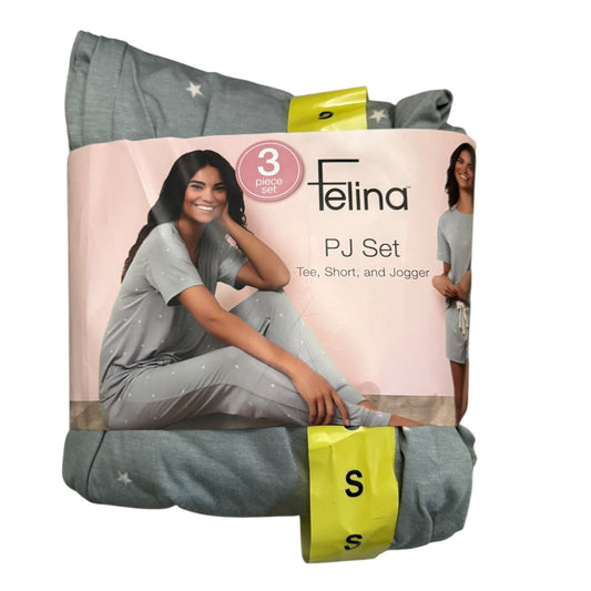Felina PJ set packaging with a woman wearing the set on a white background