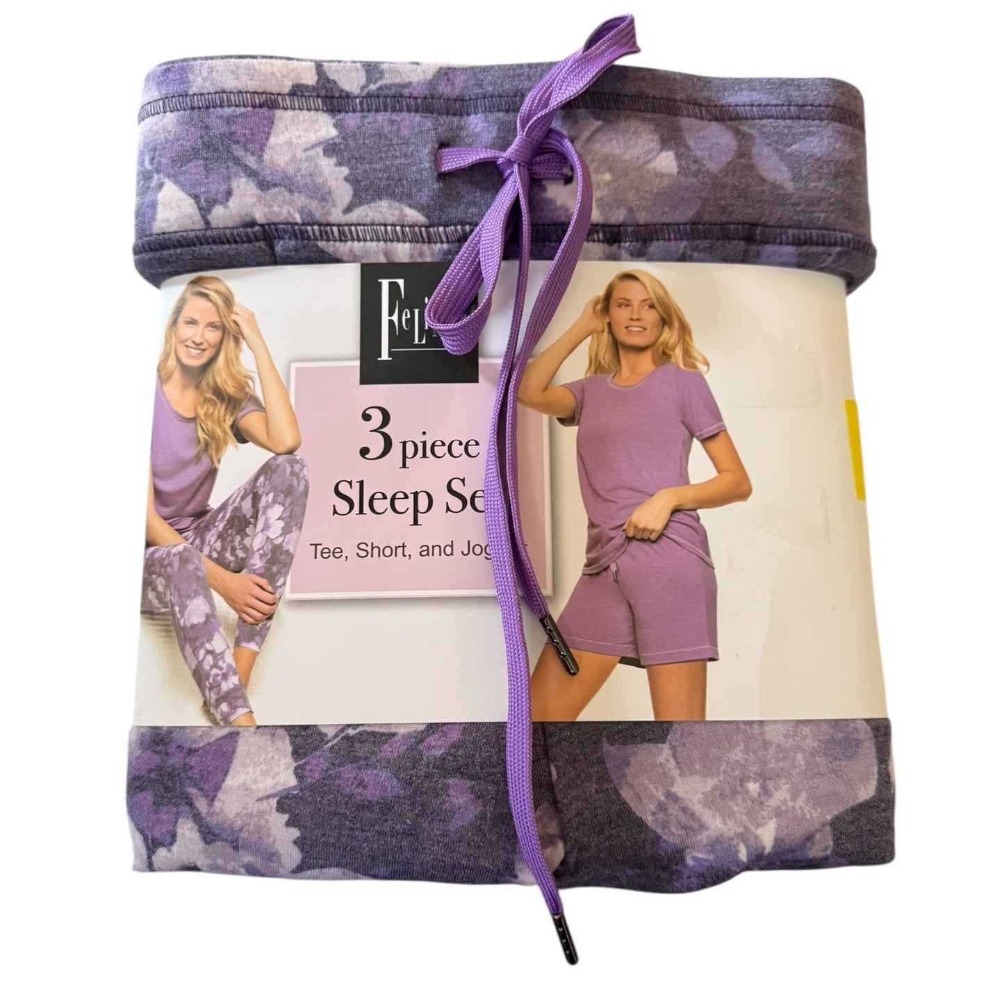 Felina purple 3 piece pajama set in packaging on a white background